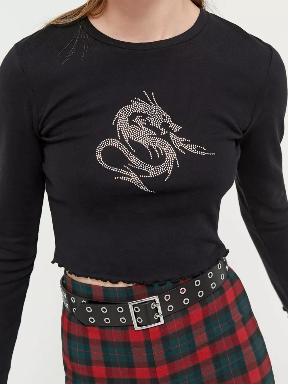 Urban Outfitters Black Crewneck Sweater Rhinestone Dragon Lettuce-Edge Tee
